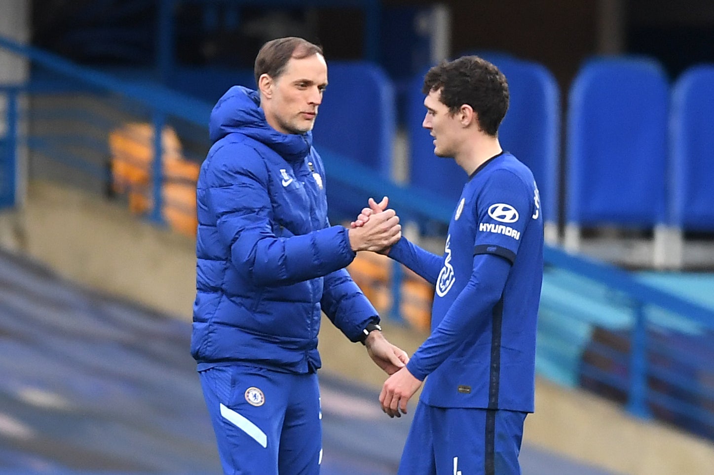Thomas Tuchel, left, has left Andreas Christensen on the bench for Chelsea’s last three games (Neil Hall/PA)