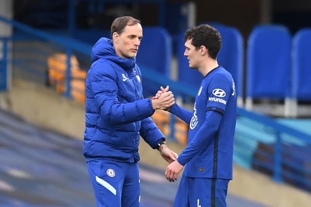 <p>Thomas Tuchel, left, has left Andreas Christensen on the bench for Chelsea’s last three games (Neil Hall/PA)</p>