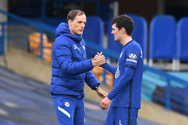 <p>Thomas Tuchel, left, has left Andreas Christensen on the bench for Chelsea’s last three games (Neil Hall/PA)</p>