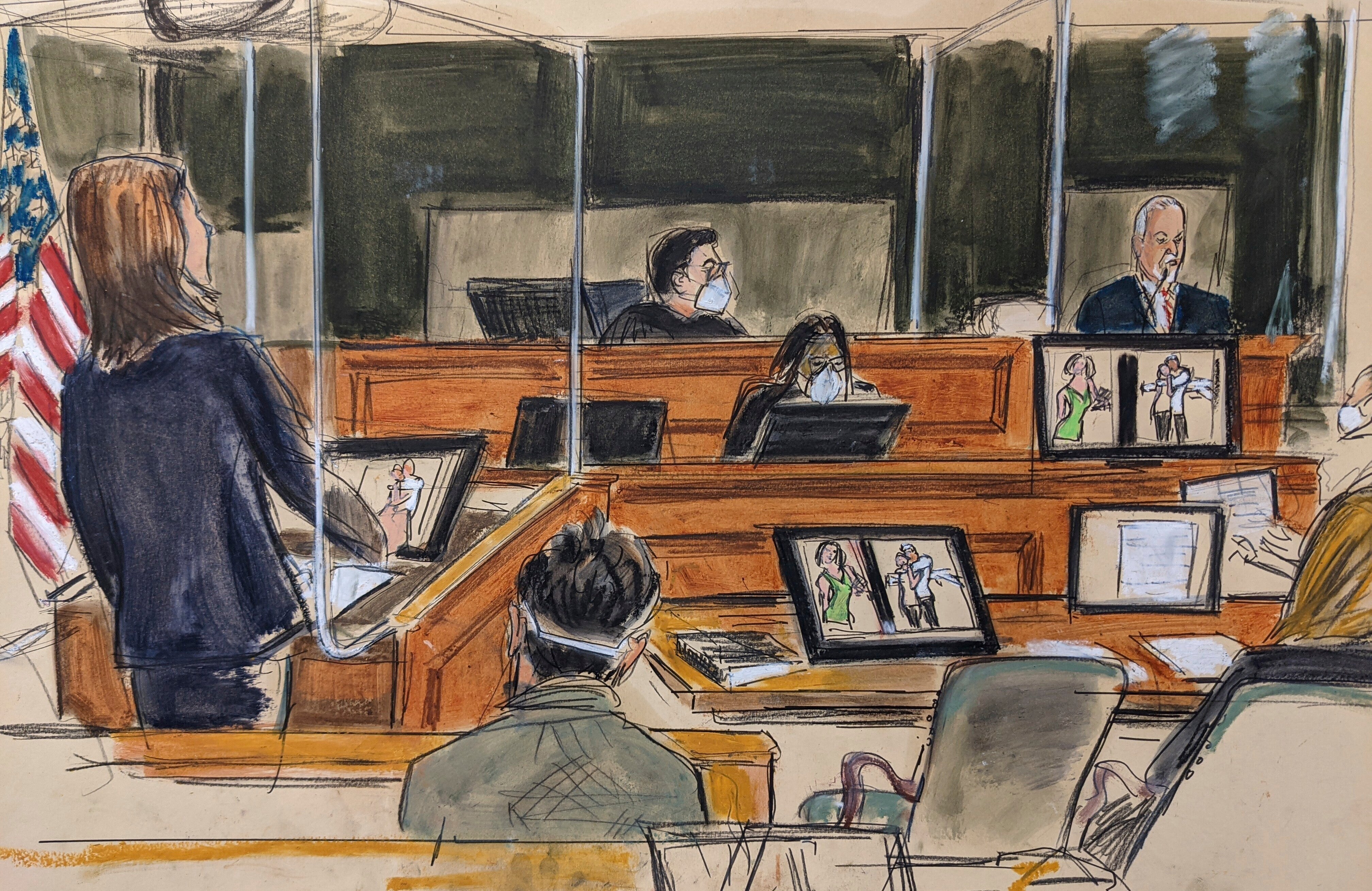 U.S. attorney Maurene Comey, left, conducts a direct examination of former Jeffrey Epstein pilot Lawrence Visoski. Photos of former Epstein assistant Sarah Kellen are displayed on monitors, one also showing Epstein.