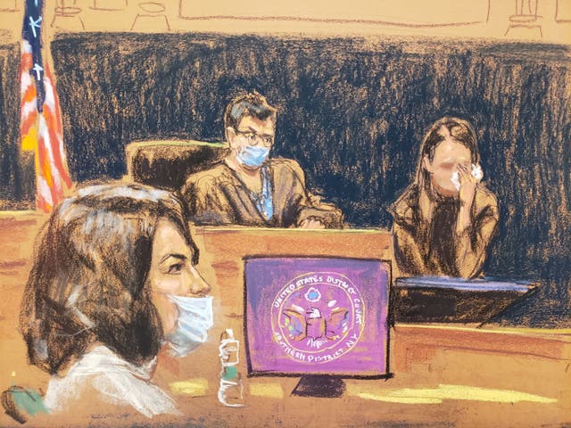 <p>A court sketch of Ghislaine Maxwell sitting while the witness known as ‘Jane’ testifies against her</p>