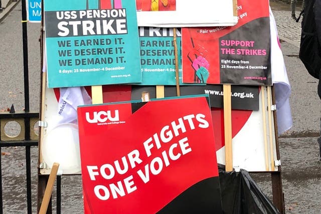 Placards by members of the University and College Union outside the University of Glasgow after workers began a previous eight-day strike in rows over pay, conditions and pensions.