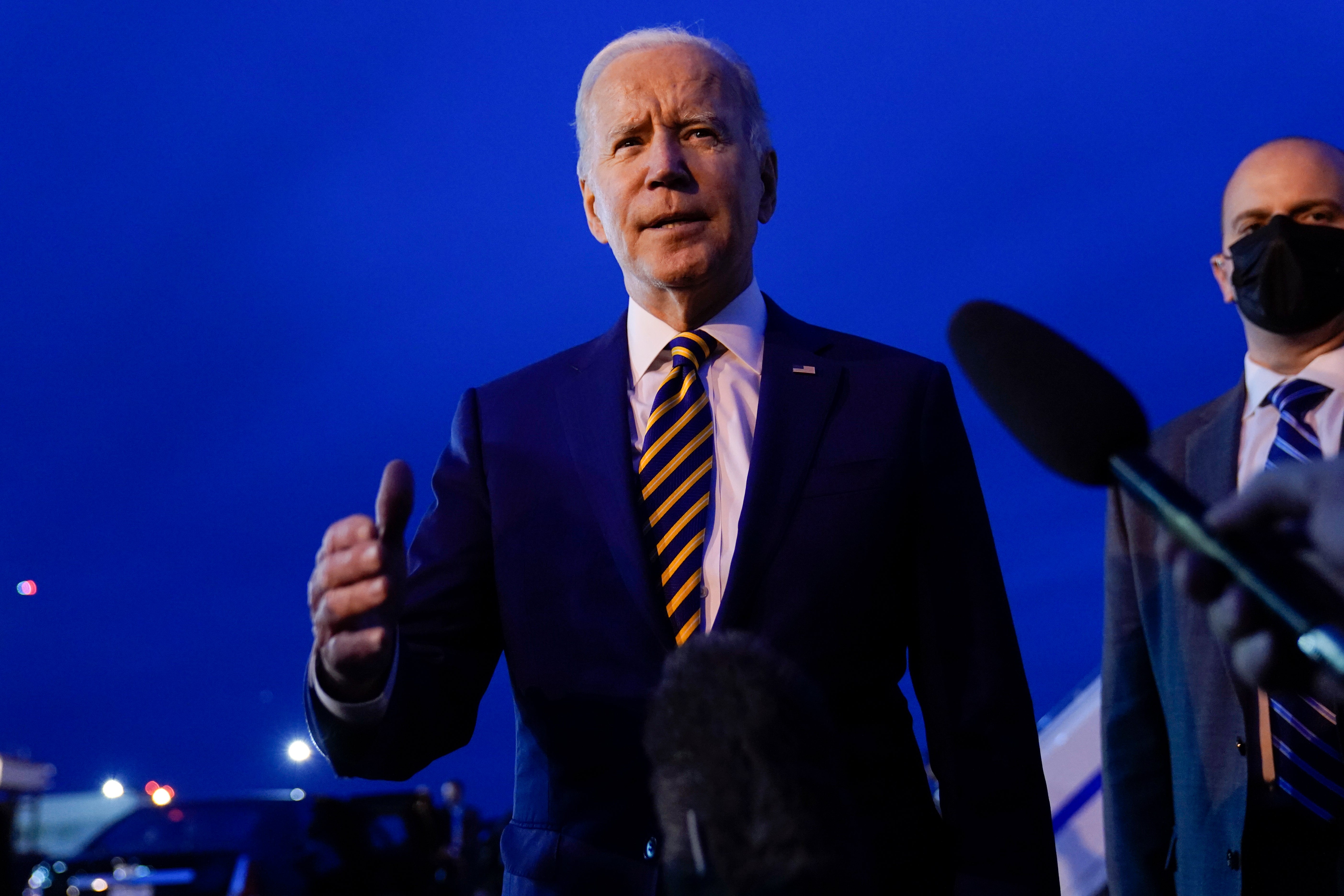 President Joe Biden speaks to members of the media