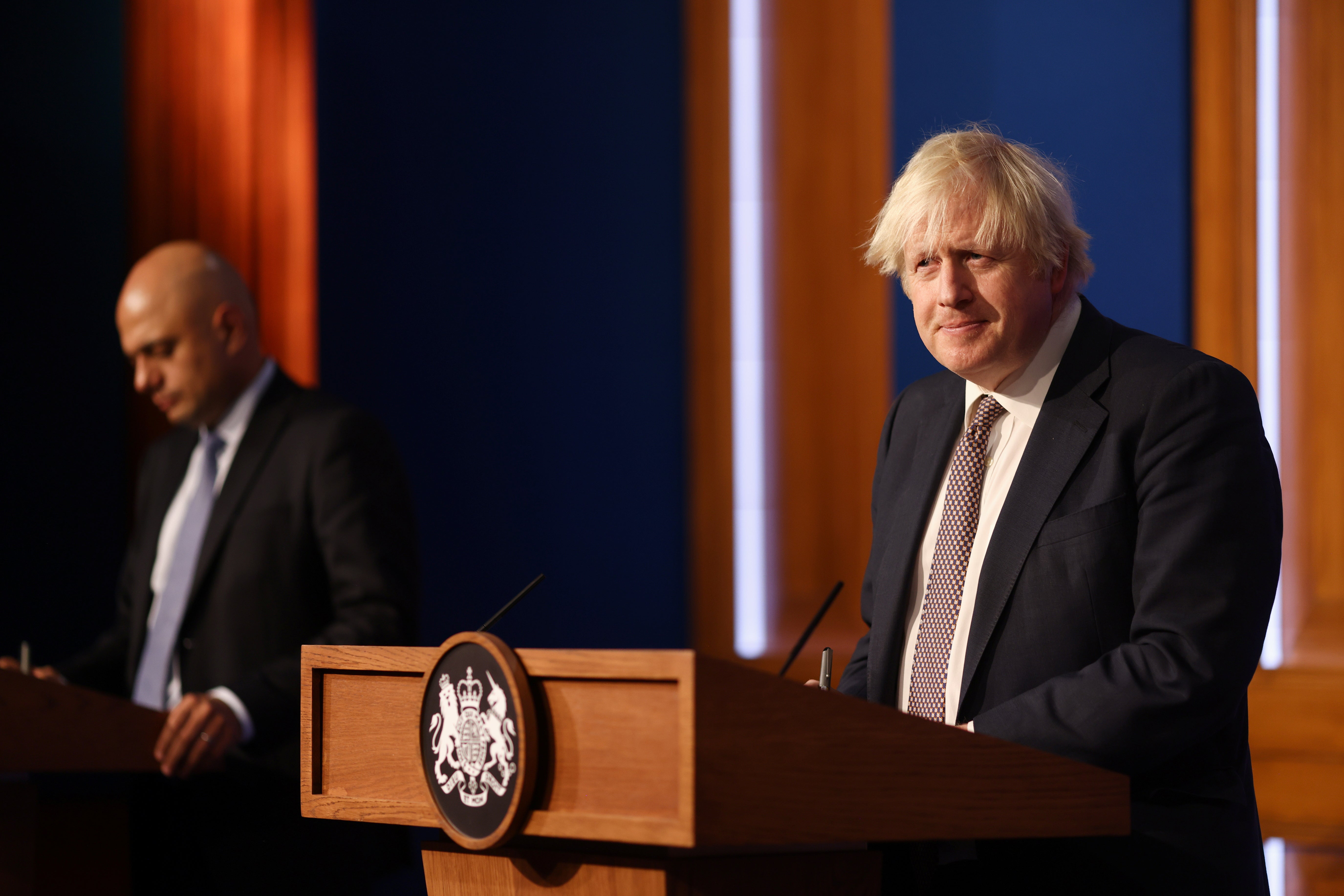 Health Secretary Sajid Javid, left, and Prime Minister Boris Johnson during a media briefing in Downing Stree on coronavirus (Tom Nicholson/PA)