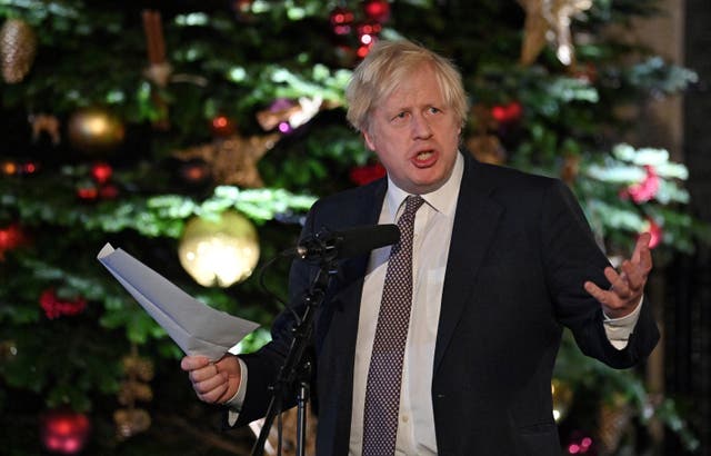 Prime Minister Boris Johnson makes a speech as he visits a UK Food and Drinks market which has been set up in Downing Street, London (PA)
