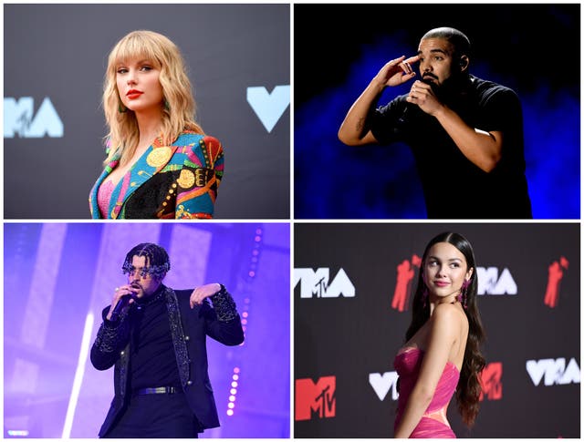 <p>Top left clockwise: Taylor Swift, Drake, Olivia Rodrigo and Bad Bunny</p>