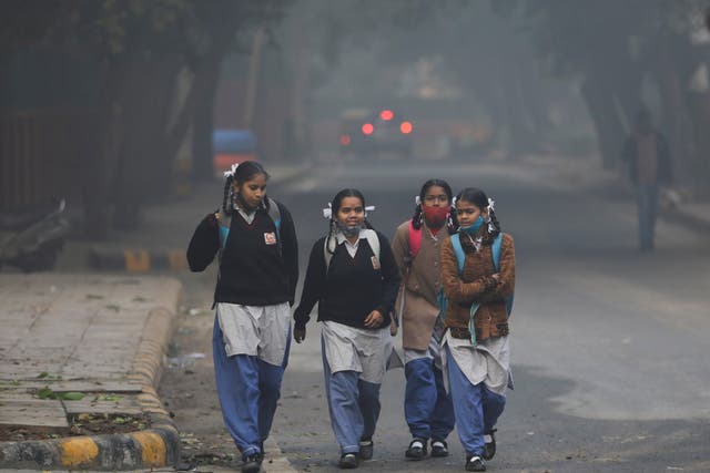 <p>Schoolgirls walk towards a school as they reopened after remaining closed for nearly 15 days due to a spike in air pollution, on a smoggy morning in New Delhi</p>