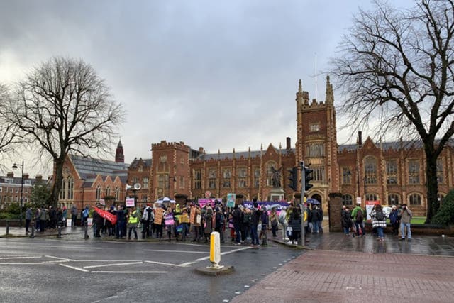 Staff at Queen’s University in Belfast taking part in the strike action (UCUQueens/PA)