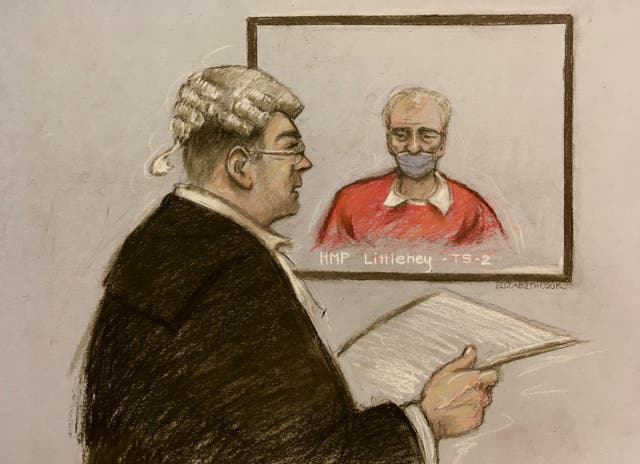 Court artist sketch of Barry Bennell being questioned via video-link from prison by James Counsell QC at the High Court in London (Elizabeth Cook/PA)