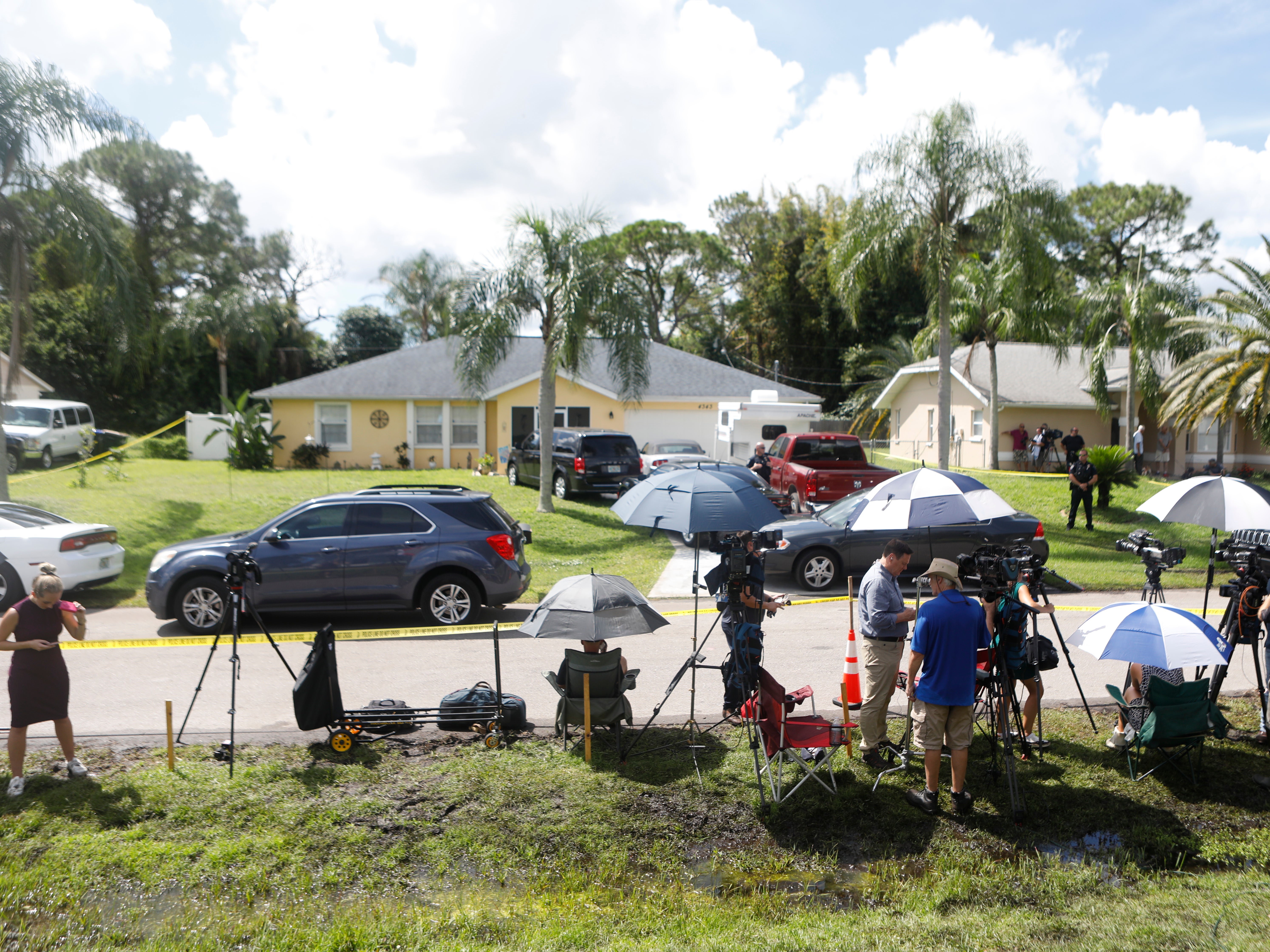 Members of the media are lined up near the home of Brian Laundrie on September 20, 2021 in North Port, Florida