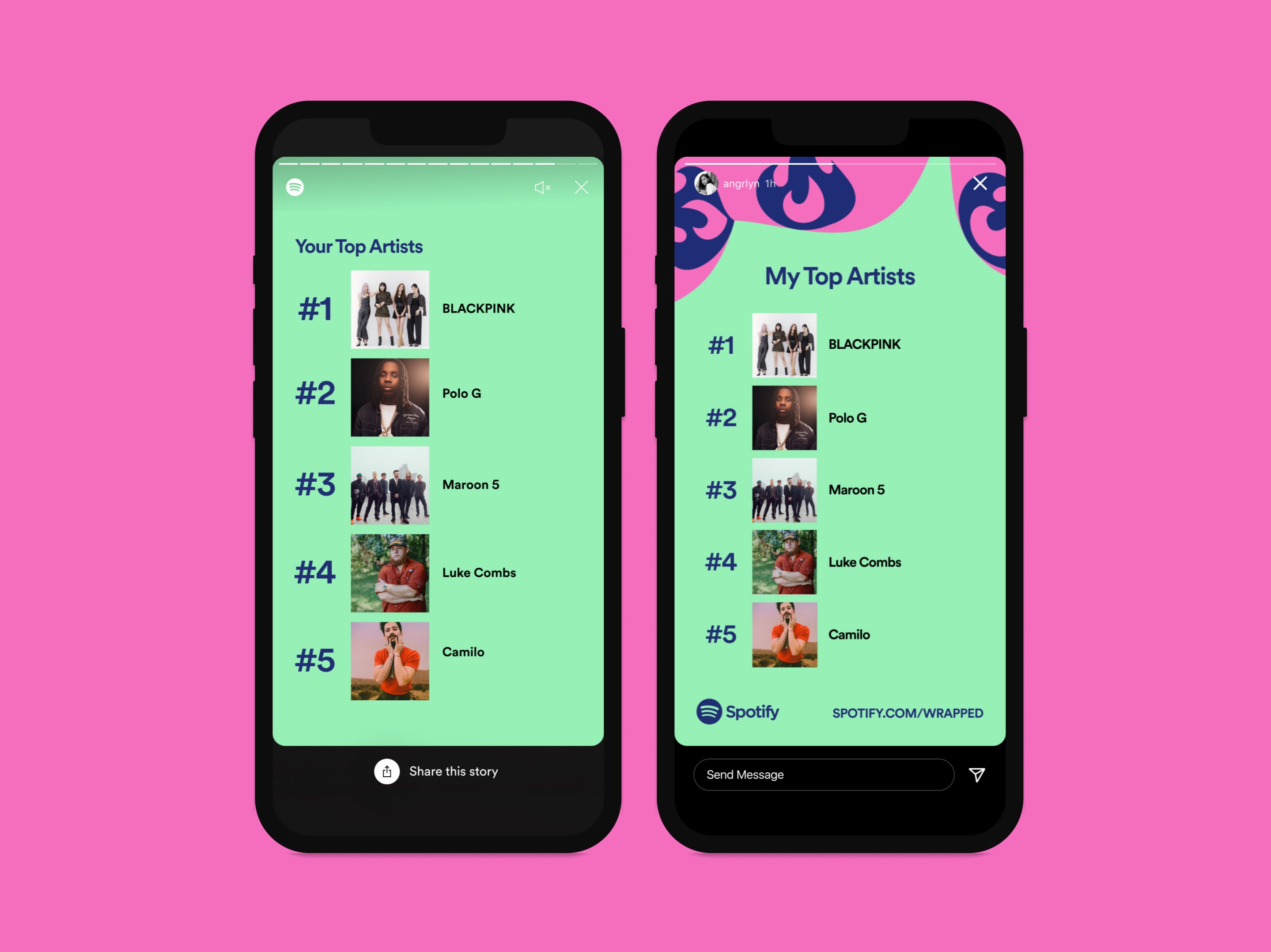 A look at some of the designs for this year’s Spotify Wrapped, the music streamer’s annual statistical round-up