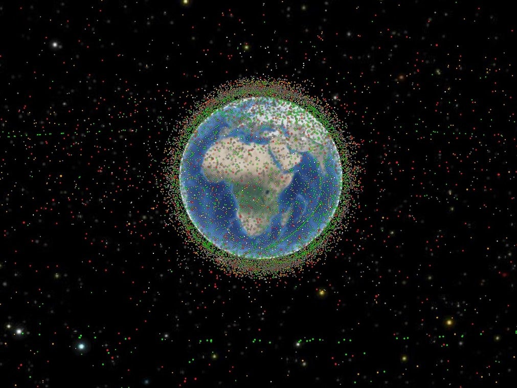 A live satellite orbit visualisation captured on 1 December, 2021. A string of SpaceX Starlink satellites can be seen crossing the Indian Ocean off the coast of Madagascar