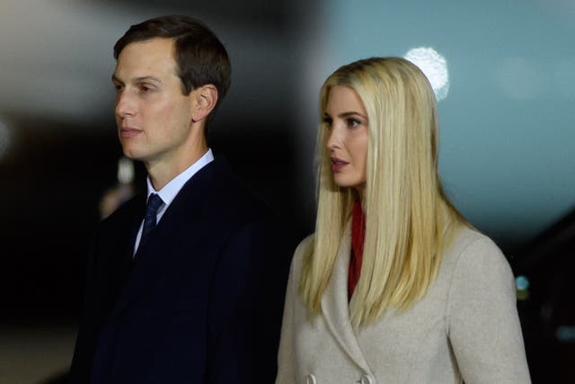 <p>Jared Kushner and Ivanka Trump at a campaign rally for Donald Trump on 22 September 2020 in Moon Township, Pennsylvania</p>