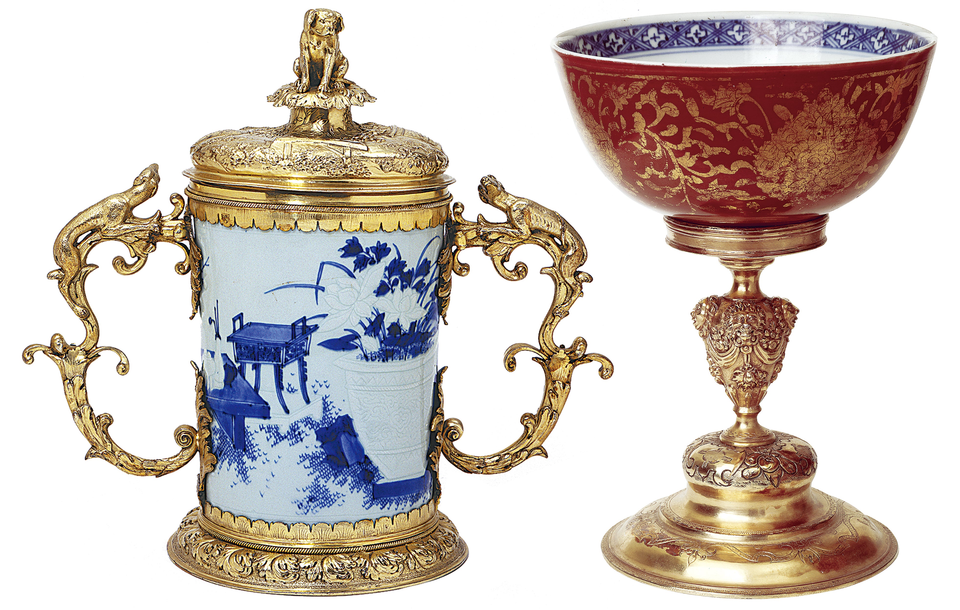 From left: The Blue-and-white Brush Pot with Antiques, Transformed into a Covered Cup, from the reign of Emperor Chongzhen (1628-44); The Blue-and-white Kinrande Bowl with Lotus Scrolls in Silver-gilt Mount, from the reign of Emperor Jiajing (1522-66)