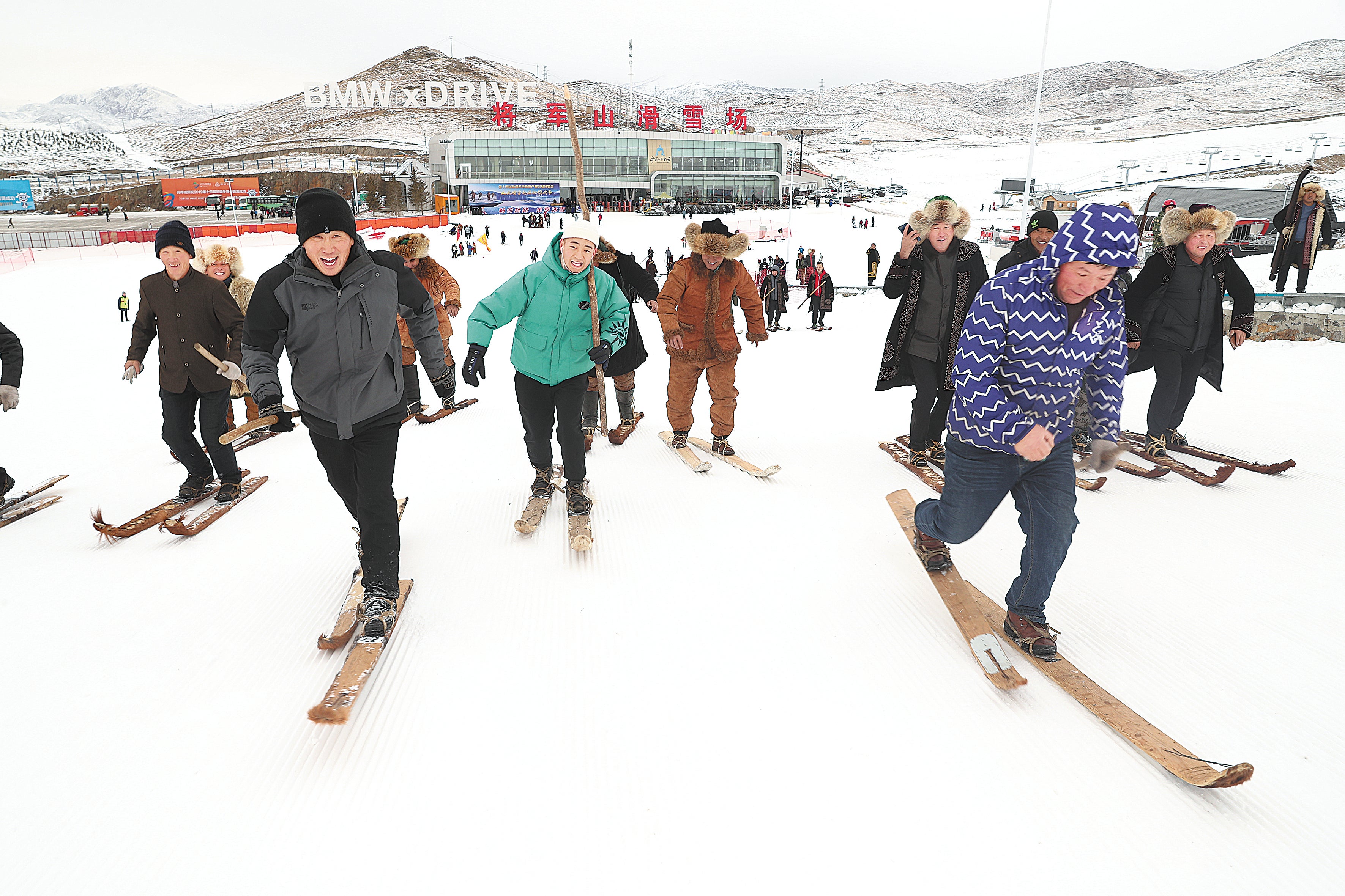 Visitors using fur skis enjoy the snow at Jiangjunshan Ski Resort in Altay prefecture, Xinjiang Uygur autonomous region, in 2019