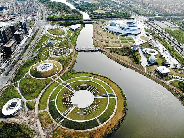 <p>The sponge park is designed to resemble planets, around which are paths</p>