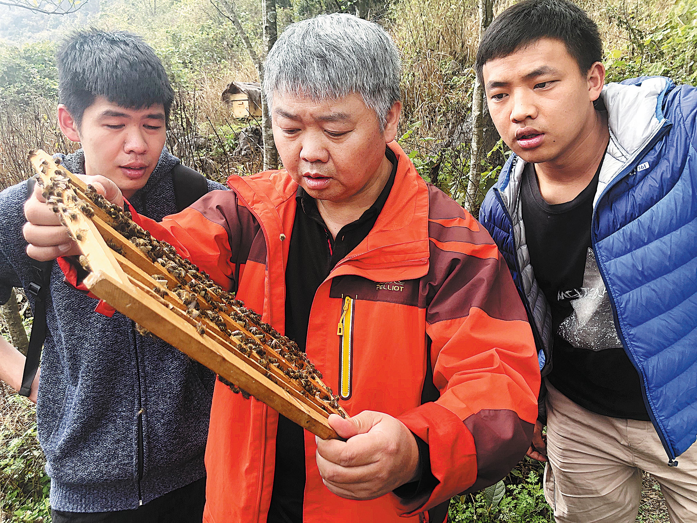 Kuang Haiou explains beekeeping methods to two residents of Xinzhu village, Lijiang, Yunnan province
