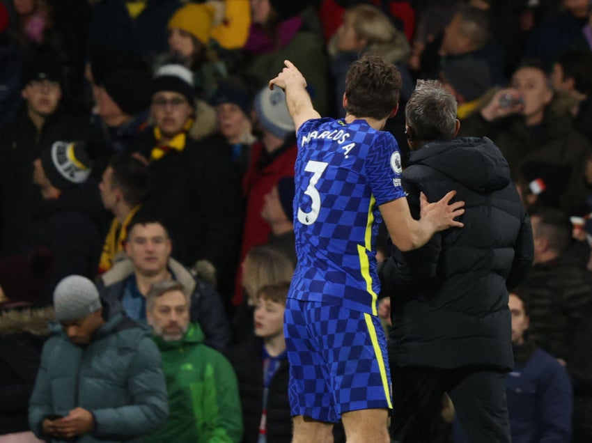 Marcos Alonso points to the site of the medical emergency