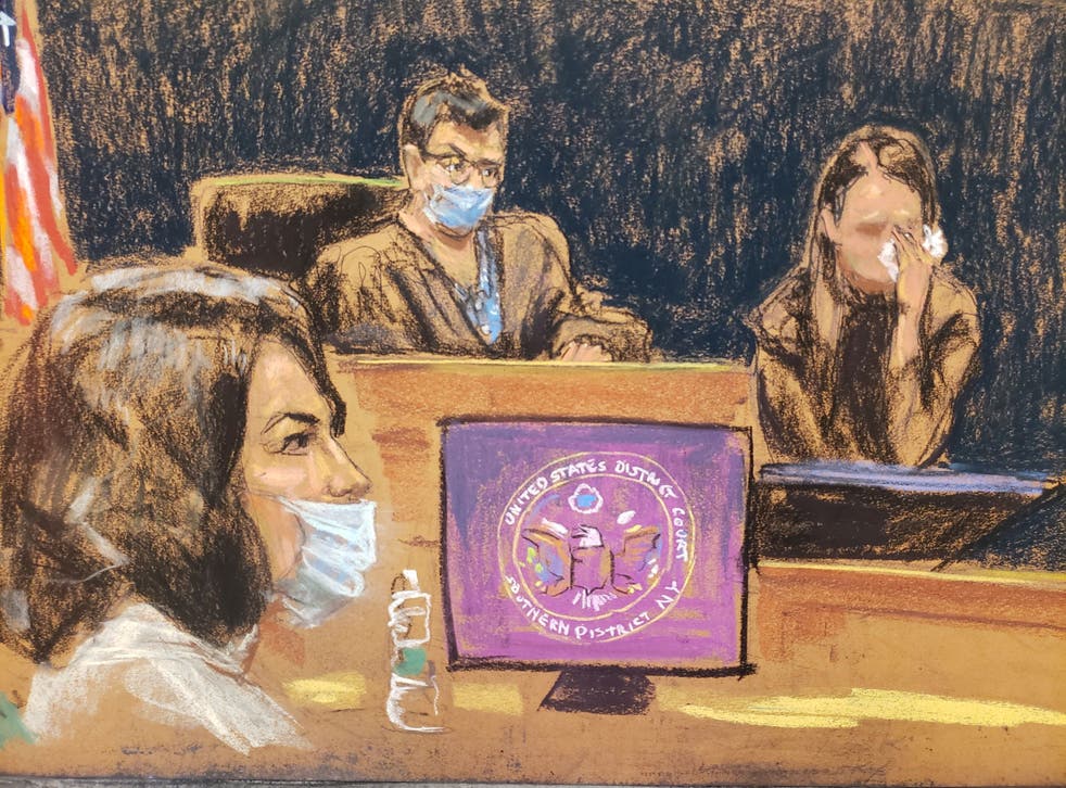 La testigo "Jane" testifica durante el juicio de Ghislaine Maxwell por cargos de tráfico sexual, en un boceto de la sala de un tribunal en la ciudad de Nueva York.