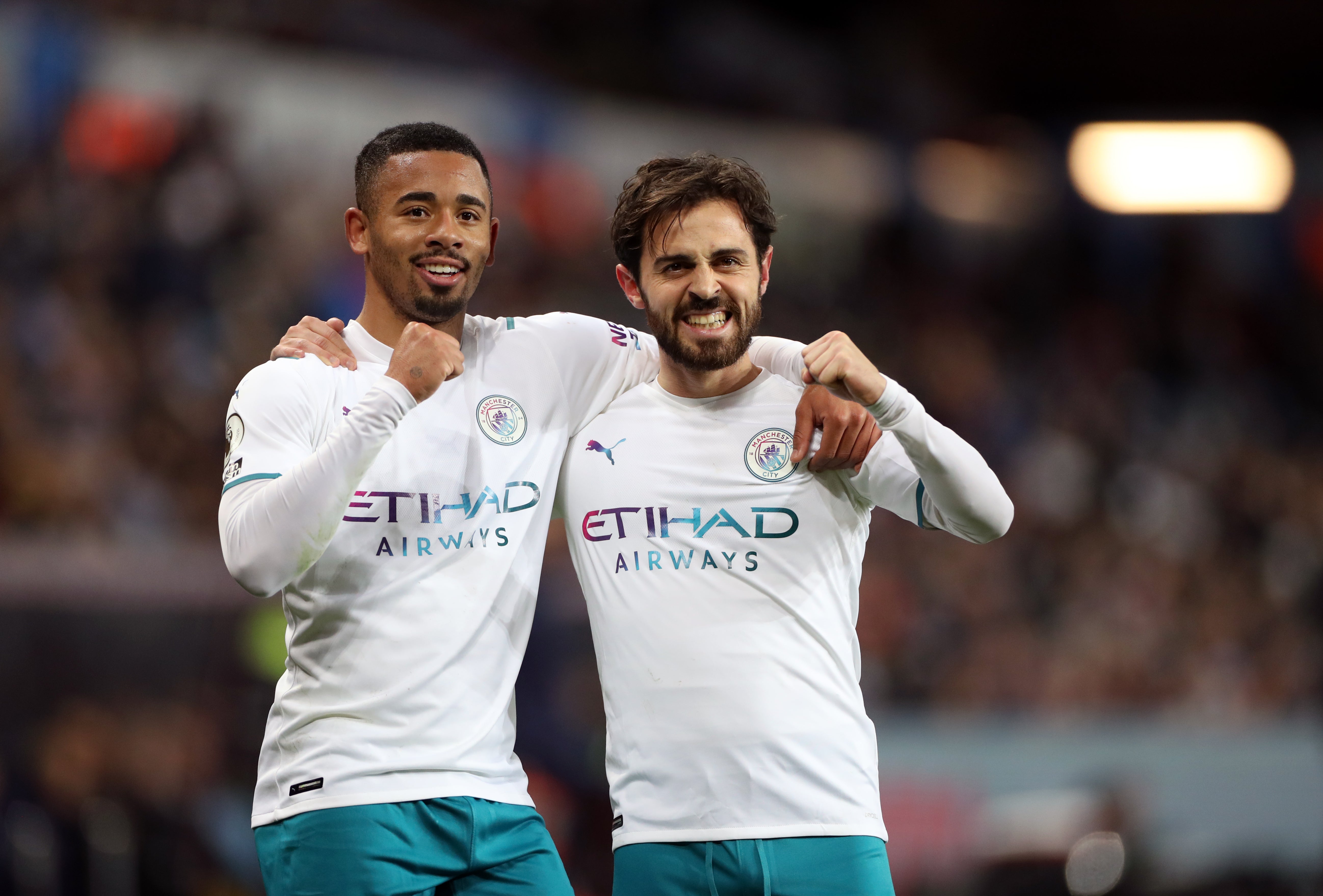 Manchester City’s Bernardo Silva (right) celebrates his goal at Aston Villa (Bradley Collyer/PA)