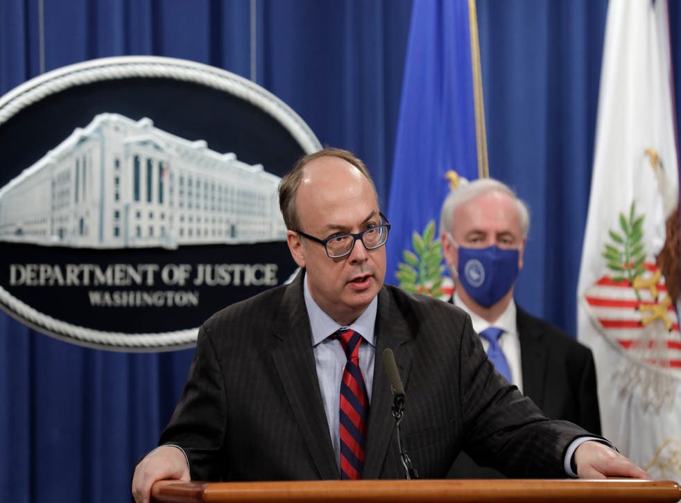 <p>Acting Assistant U.S. Attorney General Jeffrey Clark speaks as he stands next to Deputy Attorney General Jeffrey A. Rosen during a news conference at the Justice Department in Washington, Oct. 21, 2020</p>