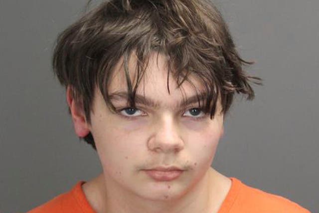 <p>This booking photo released by the Oakland County, Mich., Sheriff’s Office shows Ethan Crumbley, 15, who is charged as an adult with murder and terrorism for a shooting that killed four fellow students and injured more at Oxford High School in Oxford, Michigan</p>
