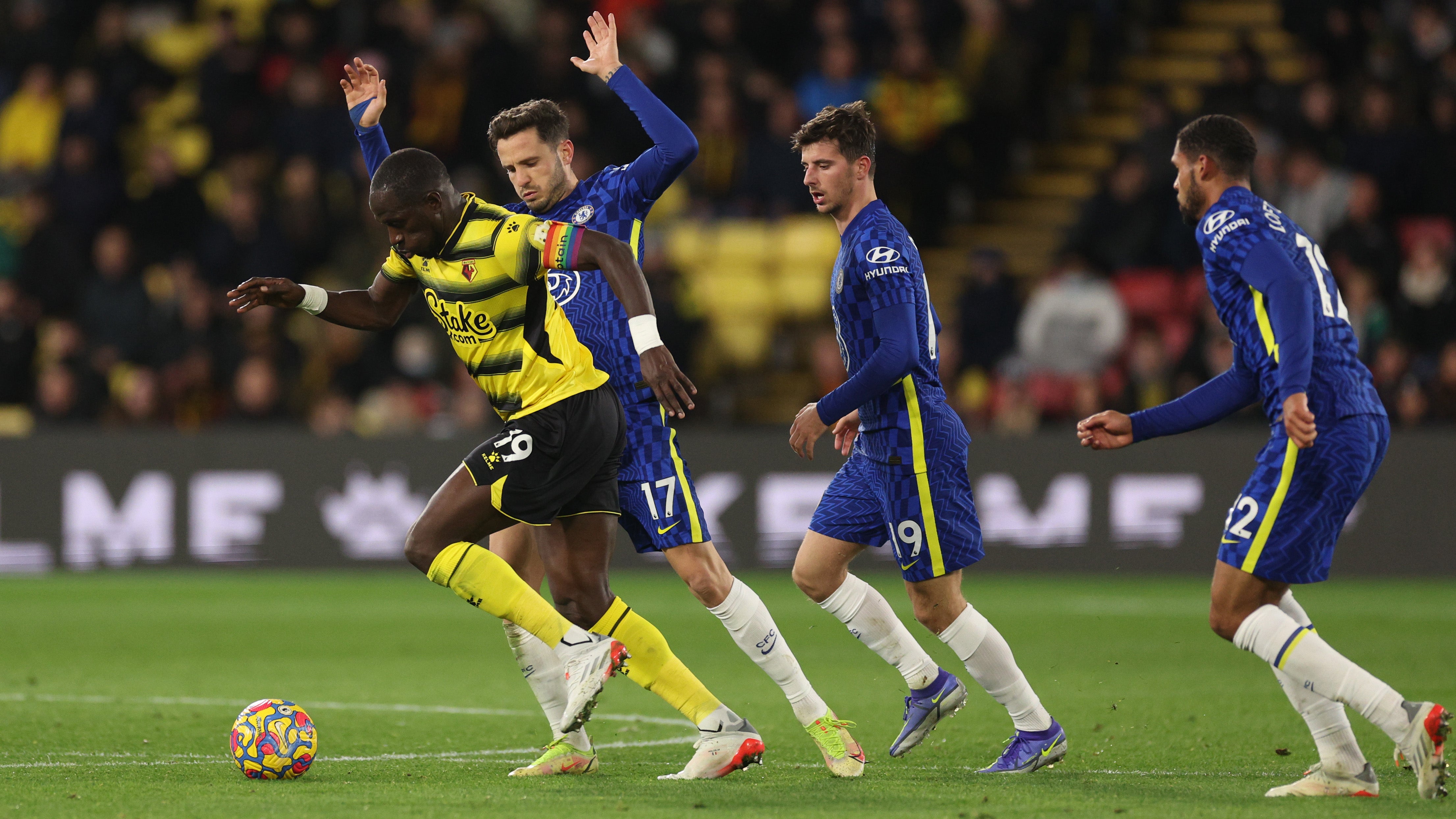 Saul Niguez (No 17) endured a torrid half at Watford