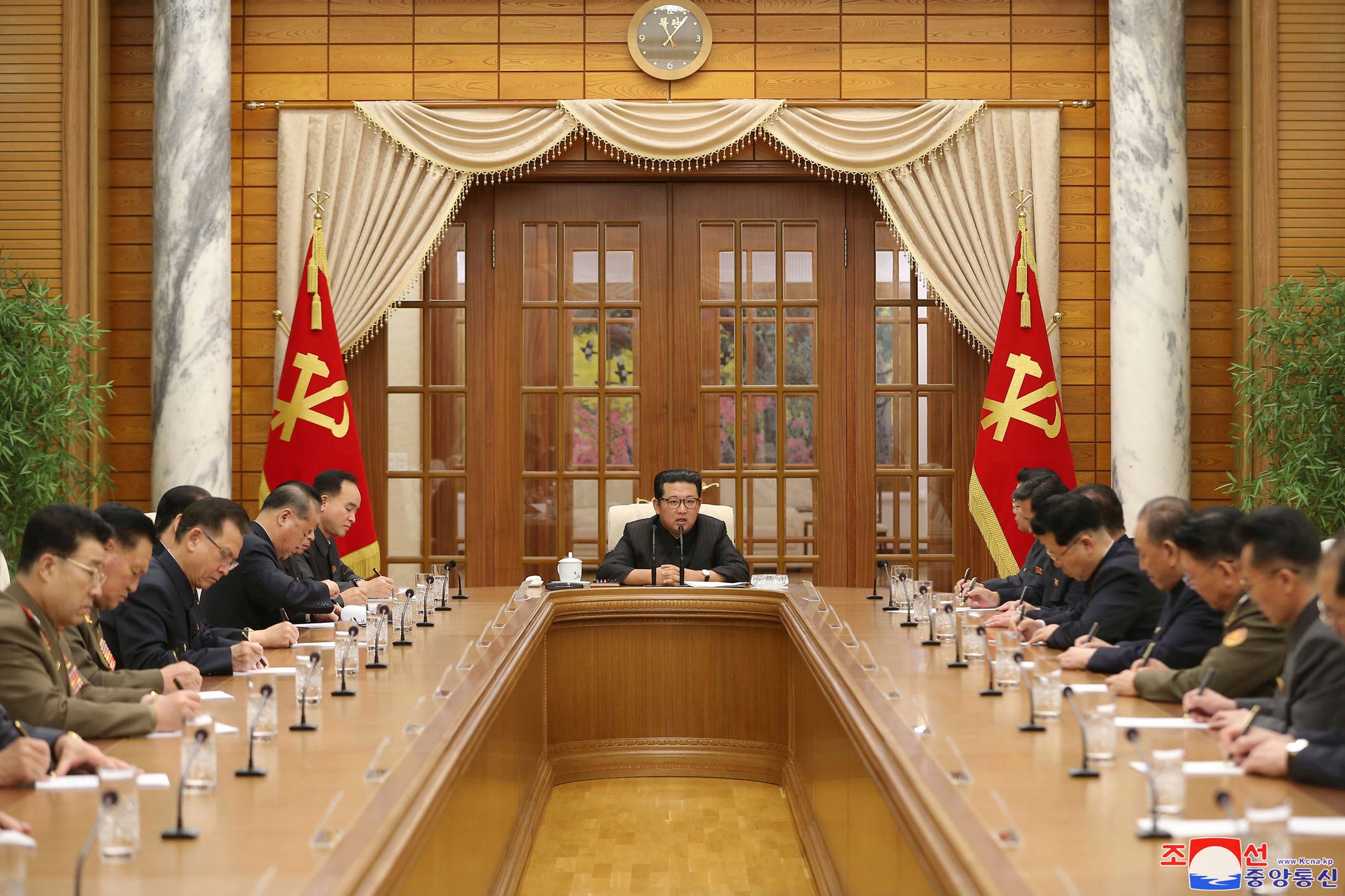 North Korean leader Kim Jong-un, centre, attends a meeting of the Workers’ Party of Korea in Pyongyang