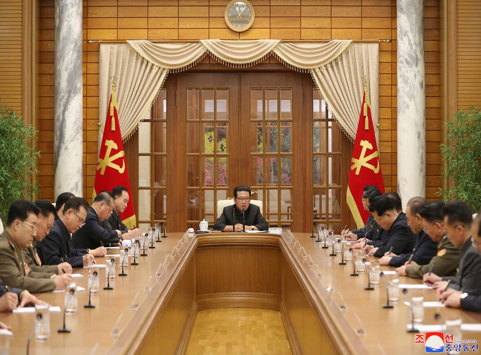 <p>North Korean leader Kim Jong-un, centre, attends a meeting of the Workers’ Party of Korea in Pyongyang</p>