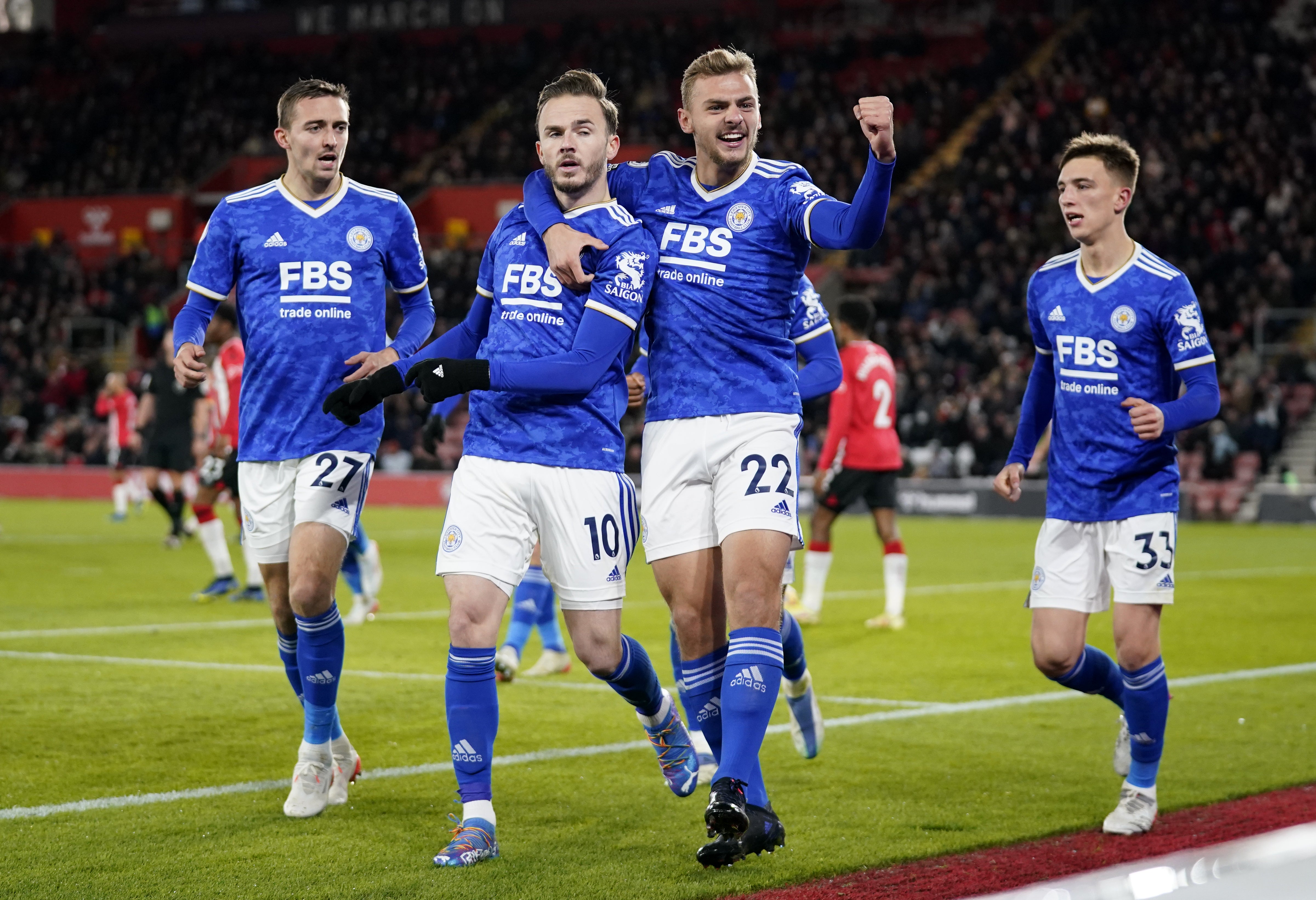Kiernan Dewsbury-Hall, number 22, helped Leicester earn a point at Southampton (Andrew Matthews/PA)