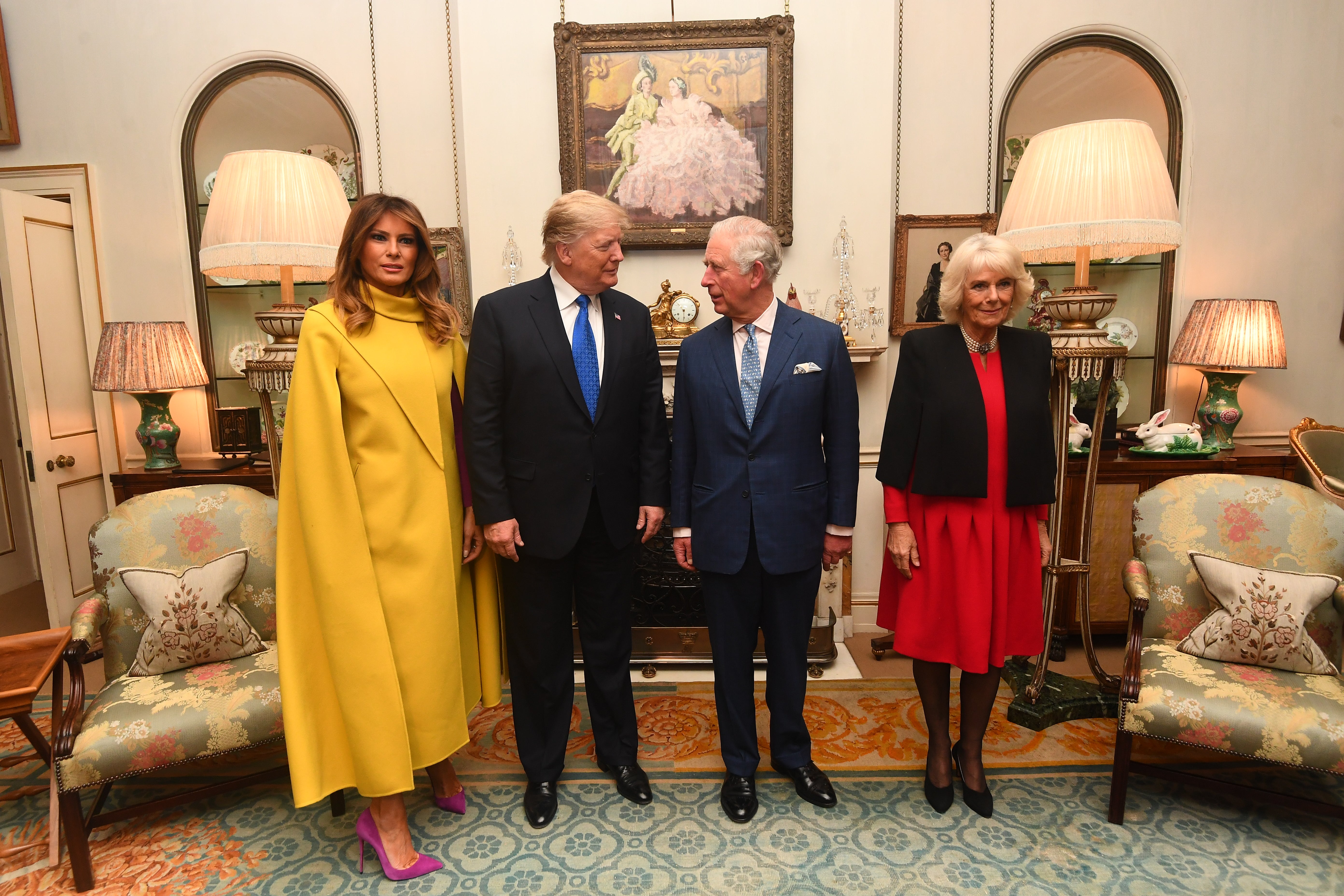 Charles, Prince of Wales, and Camilla, Duchess of Cornwall, meet former president Donald Trump and former first lady Melania Trump at Clarence House on 3 December 2019