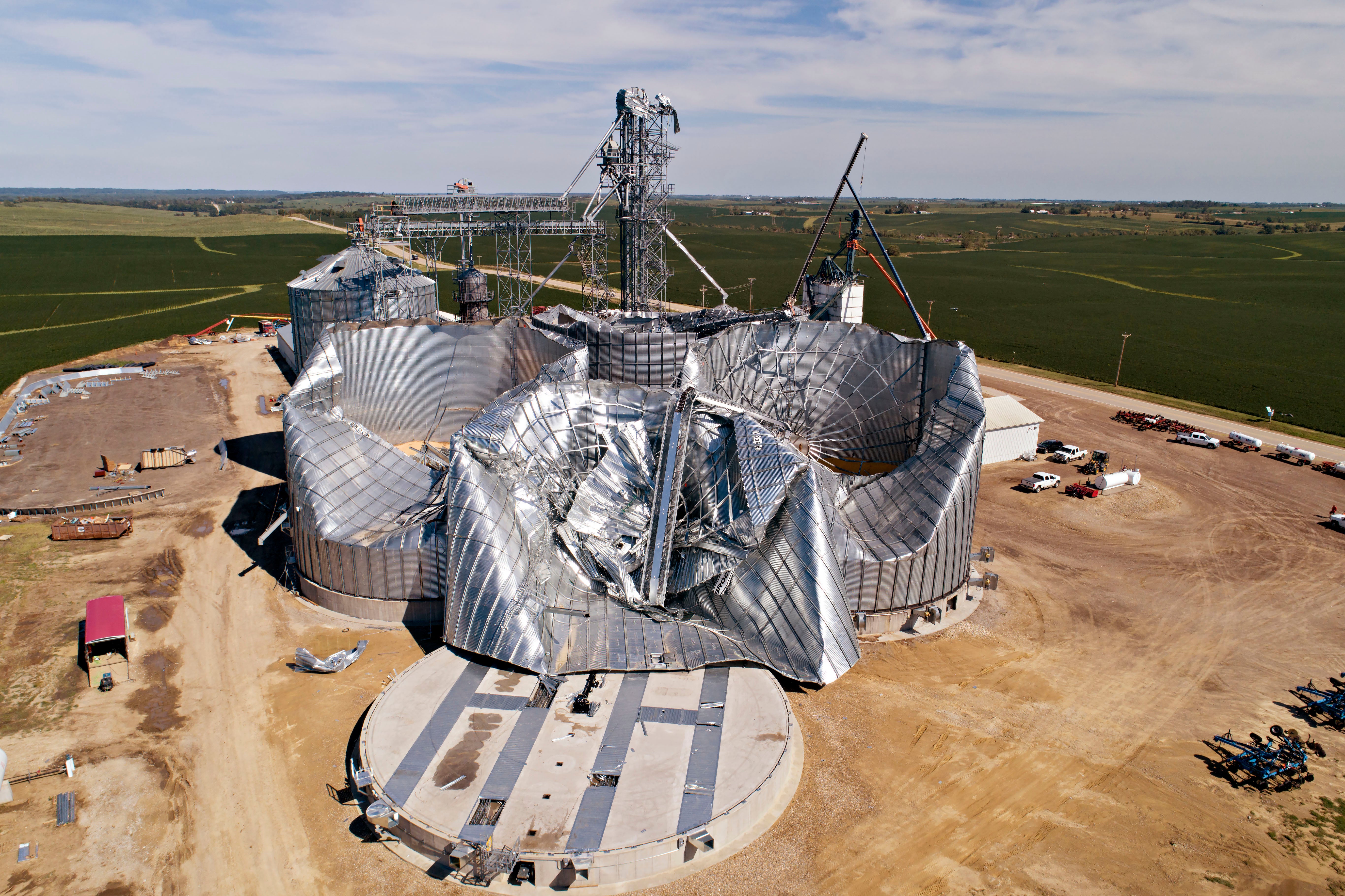 Damaged grain bins in Marshalltown, Iowa following a powerful derecho last August. Nearly a third of the state's crop land was damaged in the powerful storm