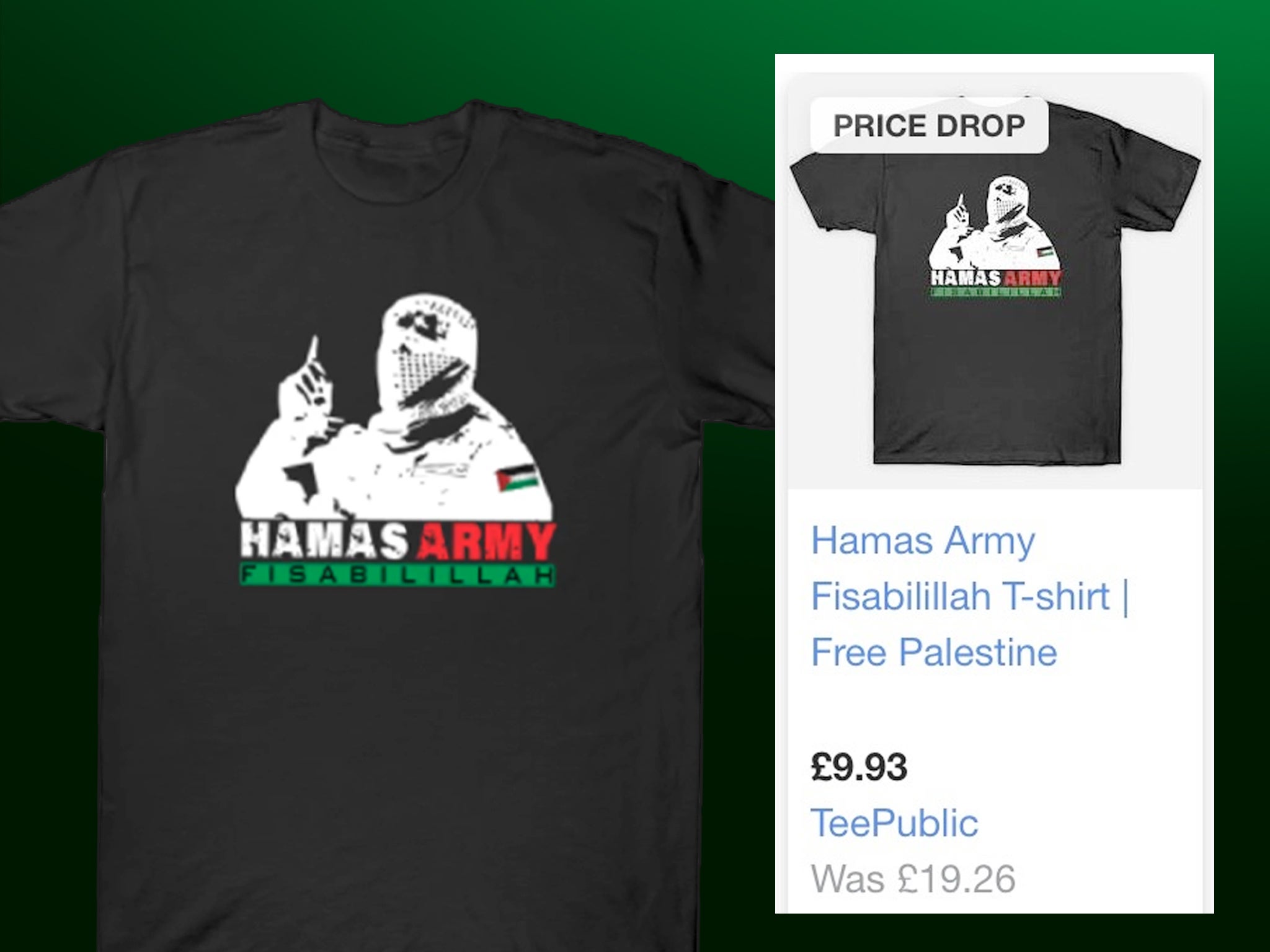 ‘Price drop’: how one T-shirt glorifying Hamas was advertised by Google (inset, right)