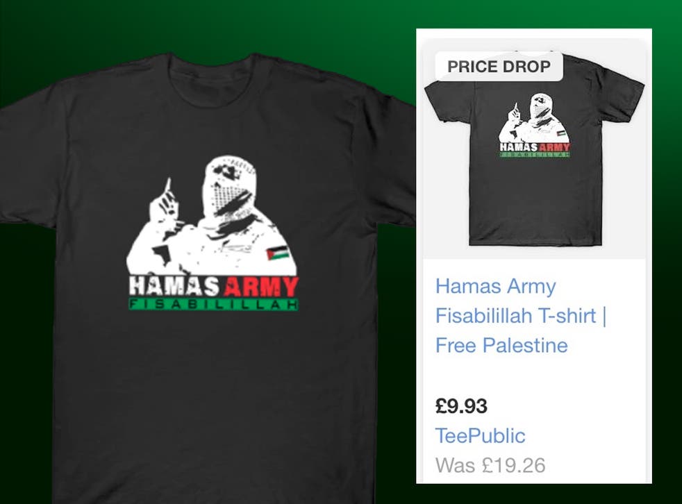 <p>‘Price drop’: how one T-shirt glorifying Hamas was advertised by Google (inset, right) </p>