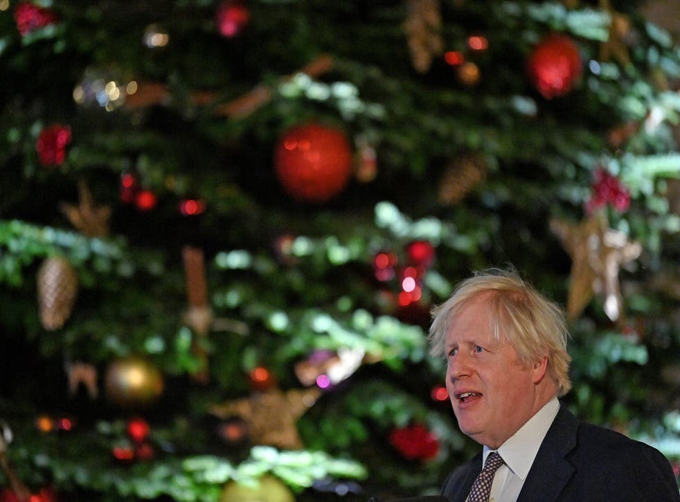 <p>Boris Johnson in front of the Downing Street Christmas tree in 2020 </p>