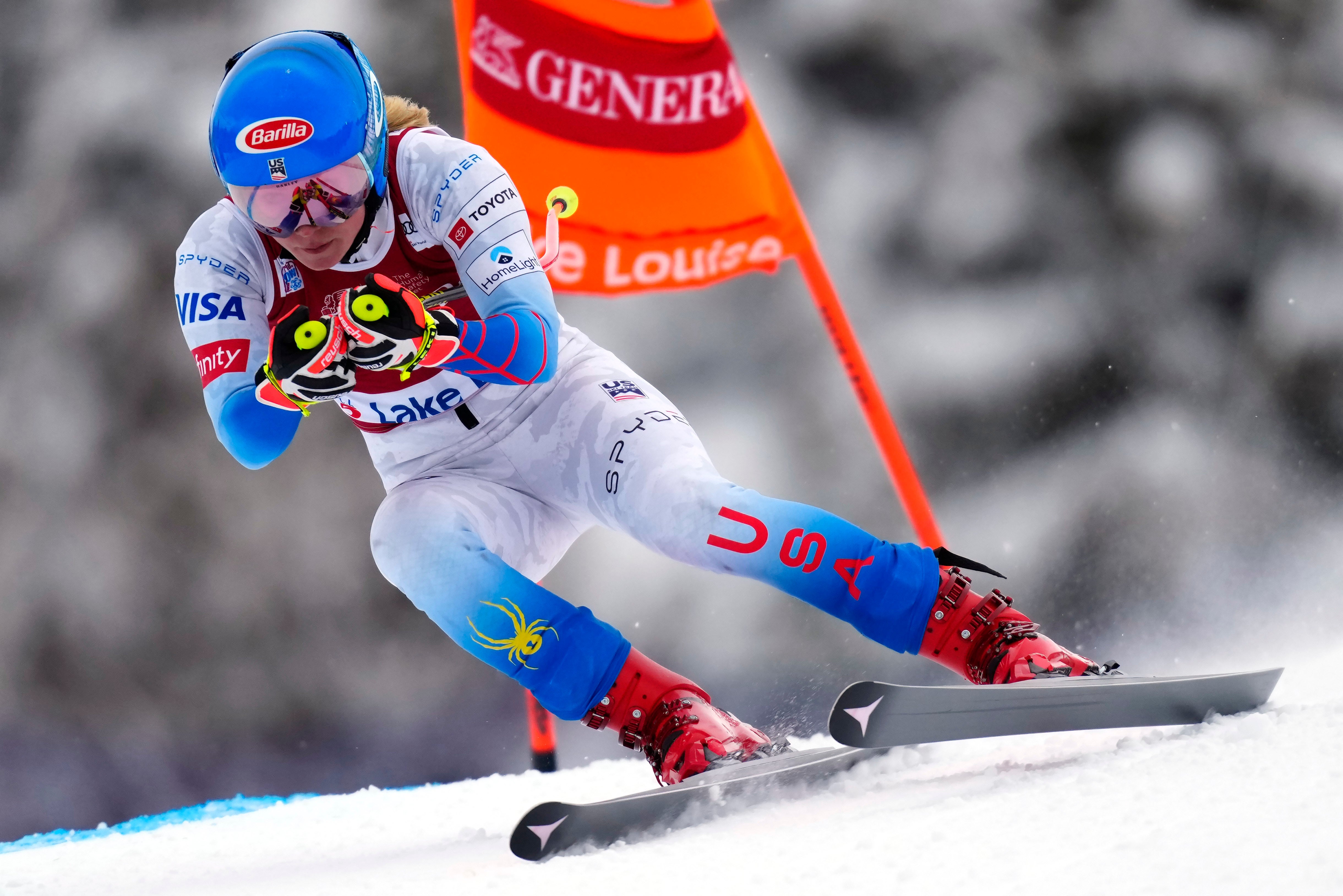 Mikaela Shiffrin, of the United States, races down the course during a training run for the World Cup downhill ski race, Tuesday, Nov. 30, 2021, in Lake Louise, Alberta.