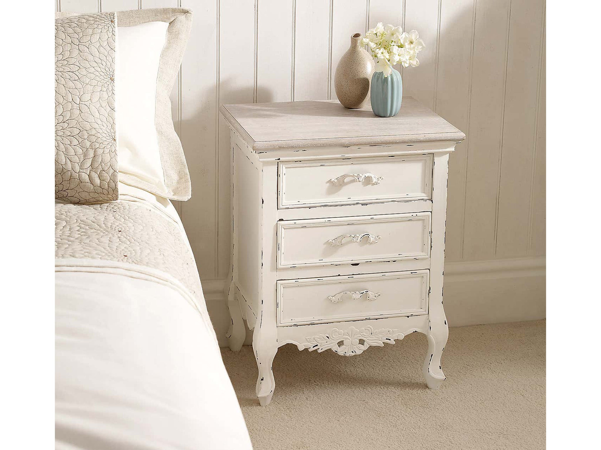 Pair cream bedside table chests French country chic bedroom furniture storage 