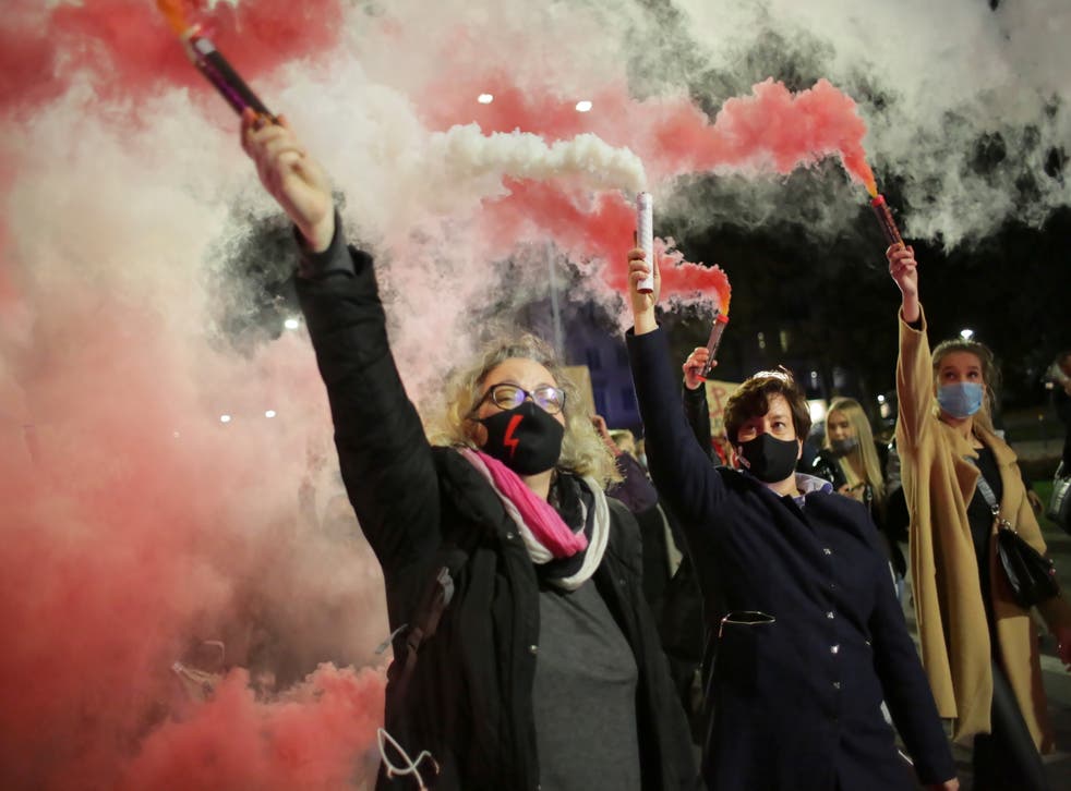 <p>Activist leader Marta Lempart (left) and lawmaker Monika Falej (centre) protest against the tightening of the abortion law</p>