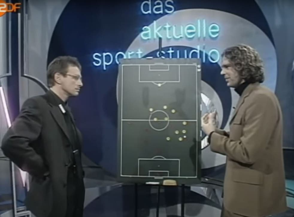 <p>Ralf Rangnick appears on ZDF Sportstudio in 1998 alongside presenter Michael Steinbrecher</p>