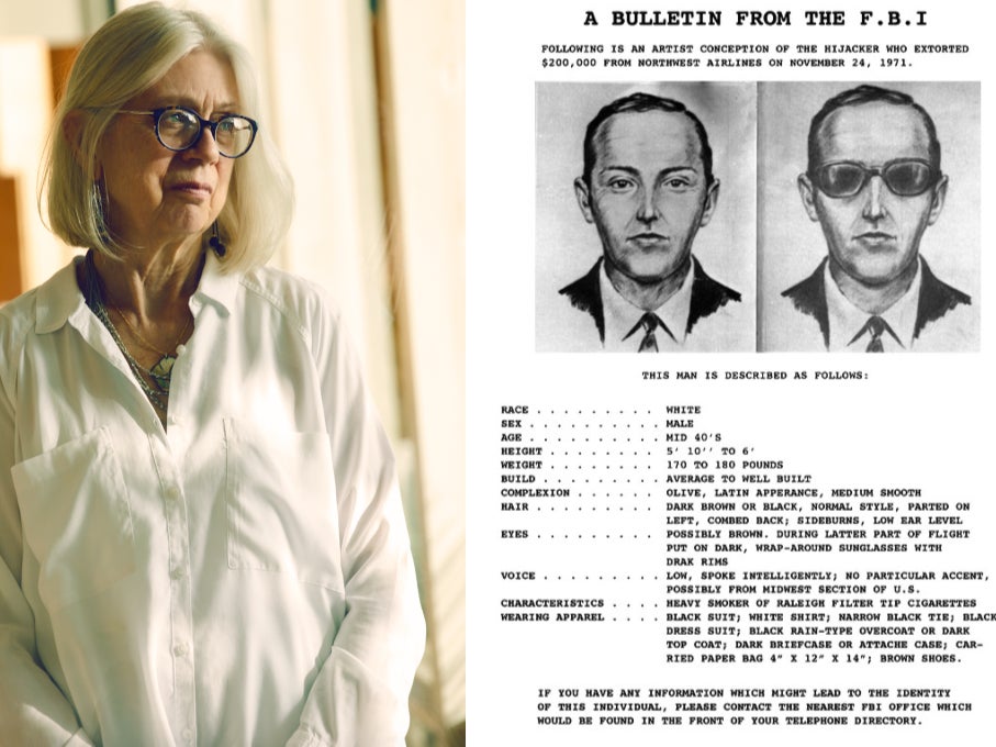 Tina Mucklow (left) was one of three flight attendants on the flight hijacked by a man known as DB Cooper (pictured right in an FBI sketch) in 1971