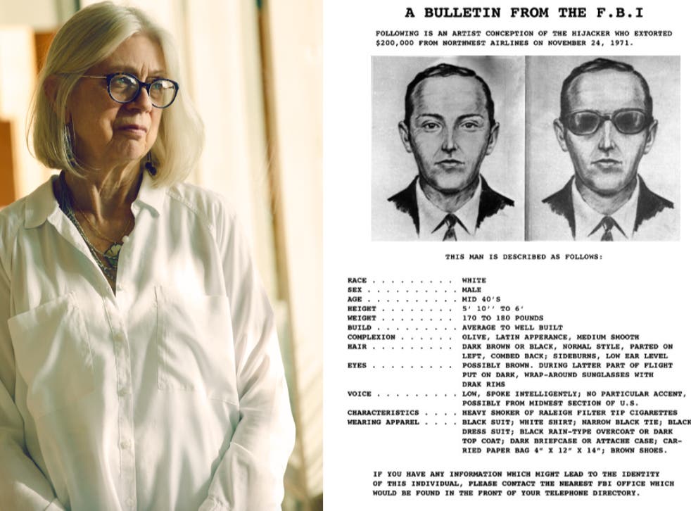<p>Tina Mucklow (left) was one of three flight attendants on the flight hijacked by a man known as DB Cooper (pictured right in an FBI sketch) in 1971</p>