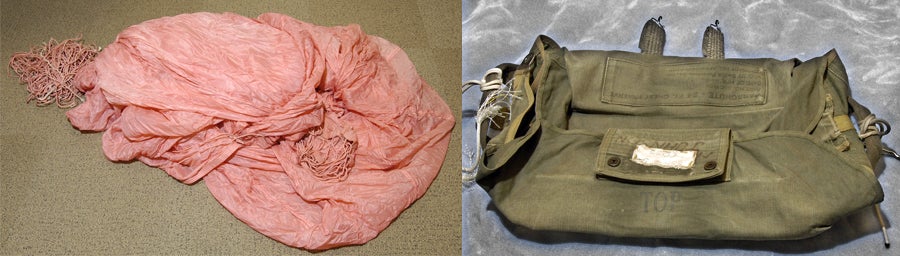 The FBI released this photo of one of the parachutes left behind by DB Cooper and the canvas bag it was kept in