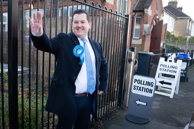 Conservative party candidate Louie French arrives at Christchurch Church Hall in Sidcup, Kent, to cast his vote in the by-election for the constituency of Old Bexley and Sidcup (Stefan Rousseau/PA)