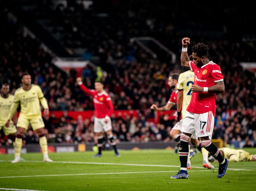 Fred celebrates during Manchester United’s victory at Old Trafford
