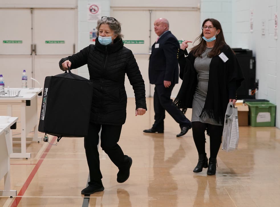 Ballot boxes arrive during the count for the Old Bexley and Sidcup by-election at Crook Log Leisure Centre in Bexleyheath, Kent. Picture date: Thursday December 2, 2021.