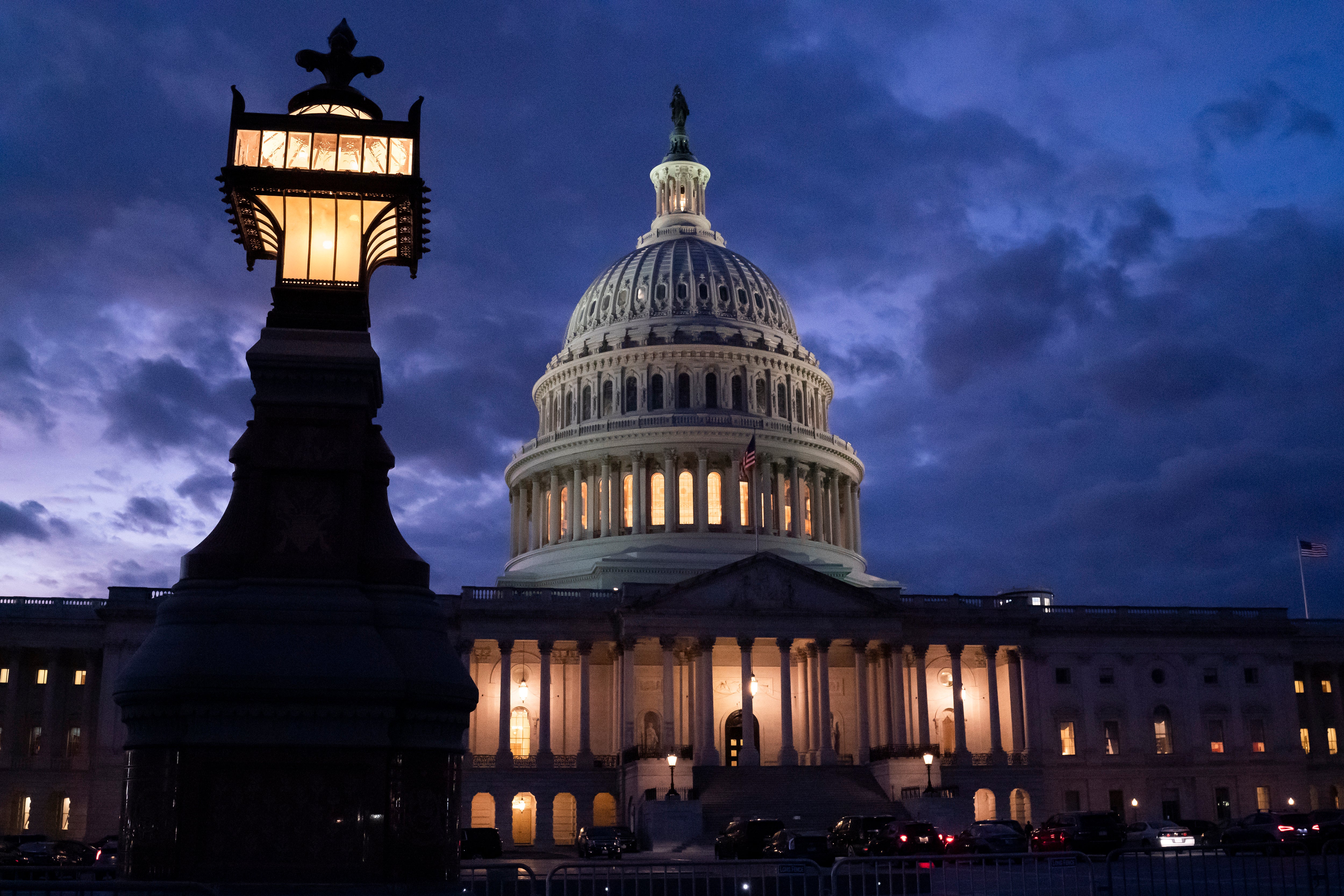 Night falls at the Capitol in Washington