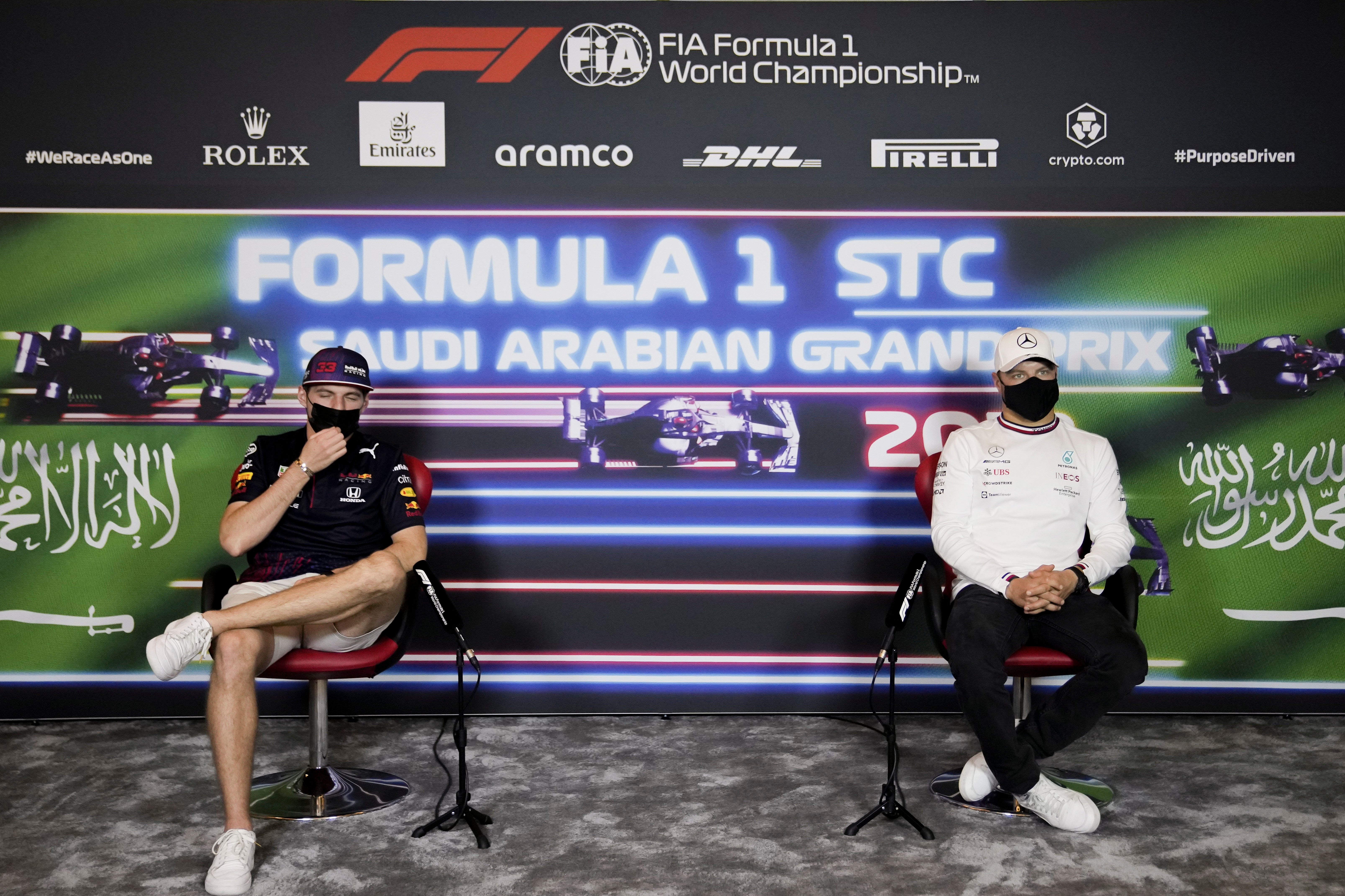 Max Verstappen and Valtteri Bottas speak to the media ahead of the Saudi Arabian Grand Prix