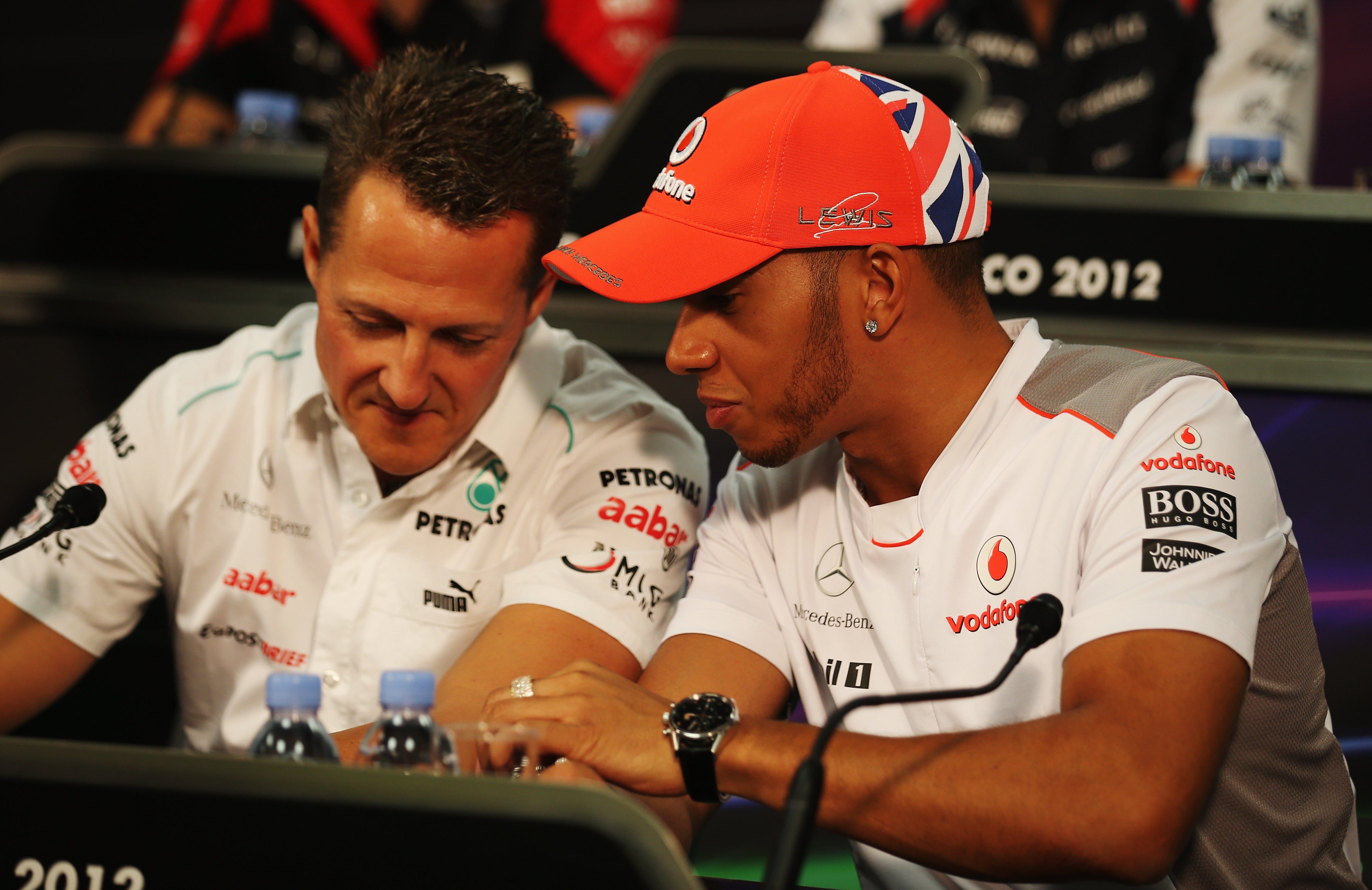 Lewis Hamilton and Michael Schumacher at the drivers’ press conference at the Monte Carlo Circuit