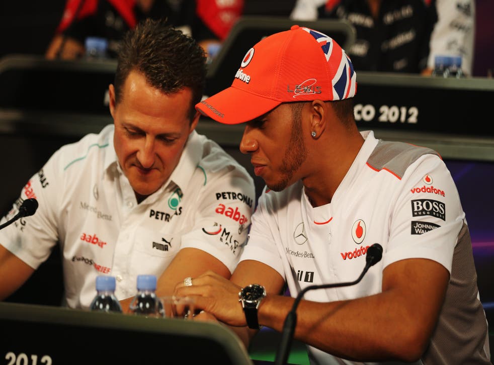 <p>Lewis Hamilton and Michael Schumacher at the drivers’ press conference at the Monte Carlo Circuit</p>