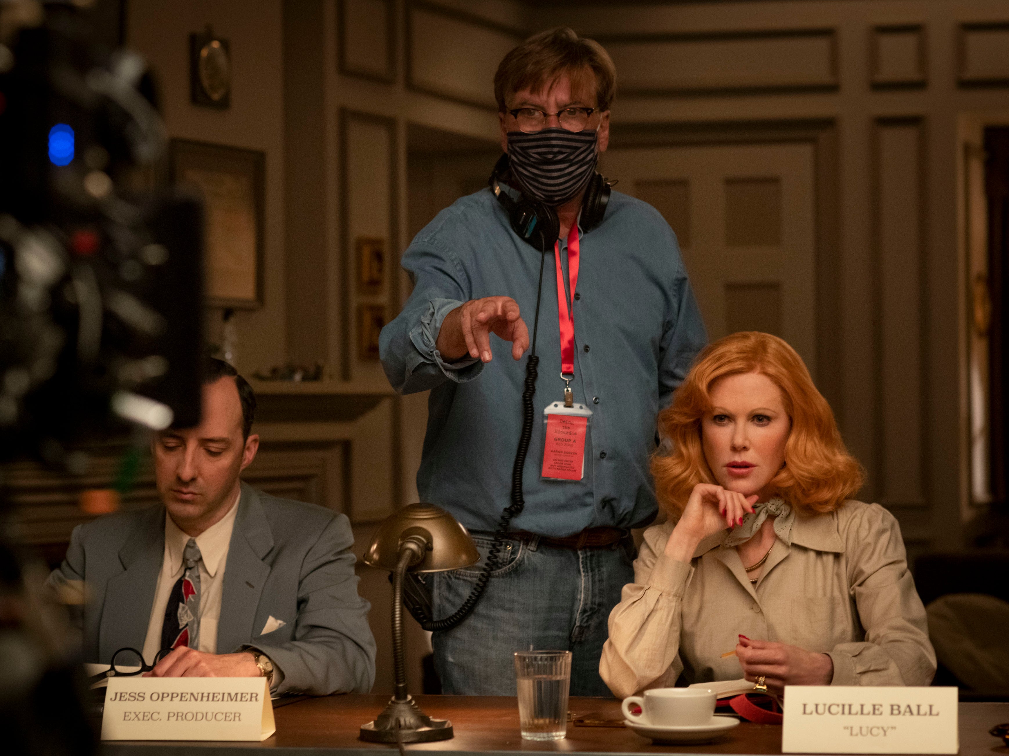 Sorkin (centre) with Tony Hale and Nicole Kidman on the set of ‘Being the Ricardos’